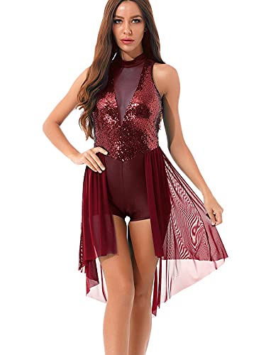 IEFIEL Vestido de Danza Ballet para Mujer Vestido Irregular de Danza Lirica Disfraz Bailarina de Fiesta Maillot de Patinaje Artistico Mujer F Vino XL