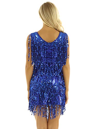 IEFIEL Vestido Flecos de Danza Latina para Mujer Vestido Lentejuelas de Danza Maderna Disfraz Bailarina de Fiesta Vestido Corto de Salsa Rumba Azul Medium