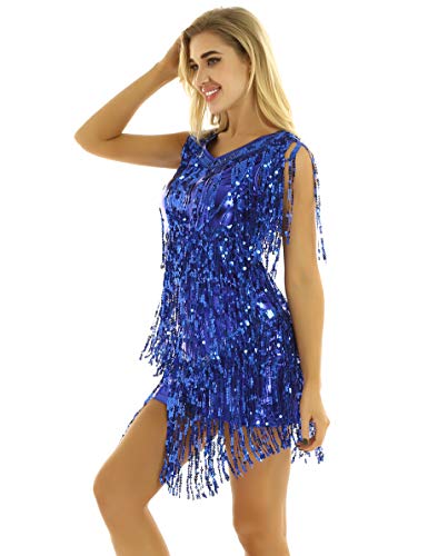 IEFIEL Vestido Flecos de Danza Latina para Mujer Vestido Lentejuelas de Danza Maderna Disfraz Bailarina de Fiesta Vestido Corto de Salsa Rumba Azul Medium