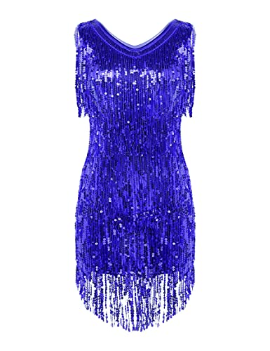 IEFIEL Vestido Flecos de Danza Latina para Mujer Vestido Lentejuelas de Danza Maderna Disfraz Bailarina de Fiesta Vestido Corto de Salsa Rumba Azul Medium