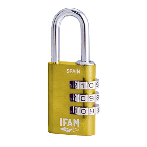 Ifam Col Combi20 (000612A) – Candado de combinación, 20mm, color amarillo, 3 rodillos (1.000 combinaciones) cuerpo aluminio, arco diámetro 3mm, candado para maleta, viaje, gimnasio, taquilla, colegio