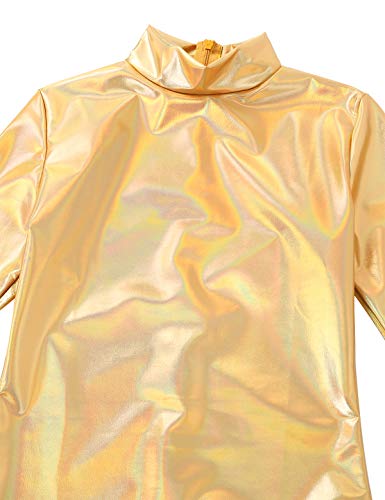 iiniim Maillot de Danza Ballet Baile para Mujer Mangas Largas Leotardo Gimnasia Body Brillo Elástico Cuello Alto Sexy Shiny Metallic Leotard Dorado S