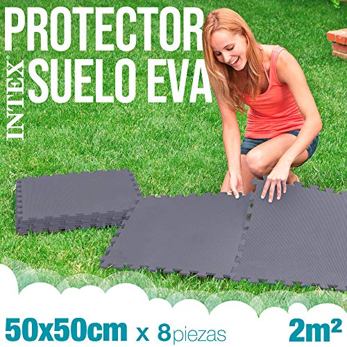 Intex 29084 - Protector suelo, suelo goma EVA, 8 piezas, pieza 50x50 cm, 190 cm², Puzzle tapiz, Protector jardín, resistente al agua, secada rápido, color gris, INTEX