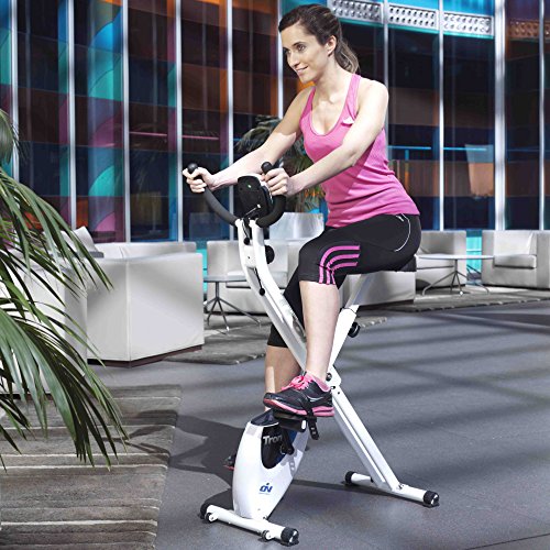 ION fitness TRON FI012 bicicleta estática plegable. sistema inercial 8 kilos. freno magnético. Monitor LCD. Ruedas de transporte. Blanca