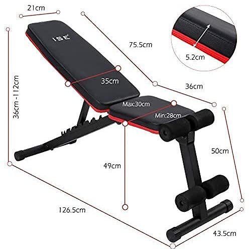 ISE Banco de Pesas Ajustable, Banco de Musculacion Multifunción, Banco de Gimnasio Ejercicios Plano y Declinado, Abdominales Press de Banca, Max.150 KG, SY-5902