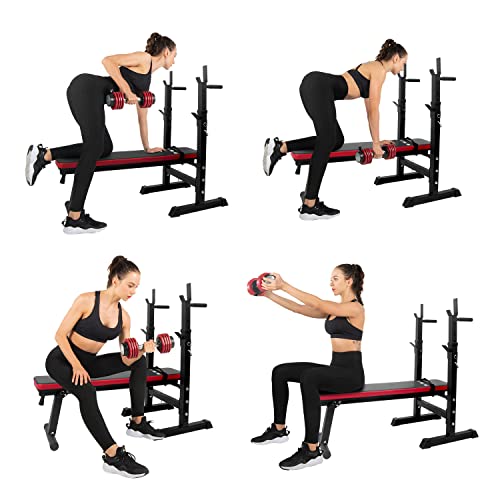 ISE Banco de Pesas Plegable con Soporte de Barbells, Banca de Musculación Multifuncional con Estante de Mancuernas Ajustable para Entrenamiento, Maquina de Gimnasio Gym Negro para Casa Hogar, SY-544