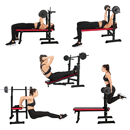 ISE Banco de Pesas Plegable con Soporte de Barbells, Banca de Musculación Multifuncional con Estante de Mancuernas Ajustable para Entrenamiento, Maquina de Gimnasio Gym Negro para Casa Hogar, SY-544