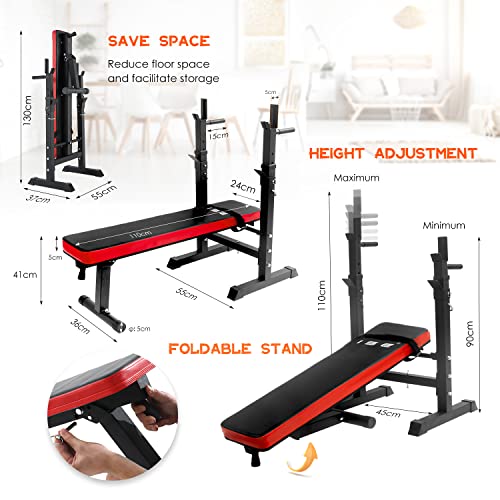 ISE Banco de Pesas Plegable con Soporte de Barbells, Banca de Musculación Multifuncional con Estante de Mancuernas Ajustable para Entrenamiento, Maquina de Gimnasio Gym Negro para Casa Hogar, SY-544