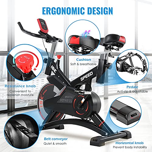 ISE Bicicleta Estática de Spinning Profesional con Sensor de Pulso,Ajustable Resistencia, Pantalla, Bicicleta Fitness de Gimnasio Ejercicio con Volante de Inercia,Sillín Ajustable, Máx.120kg,SY-7005-1