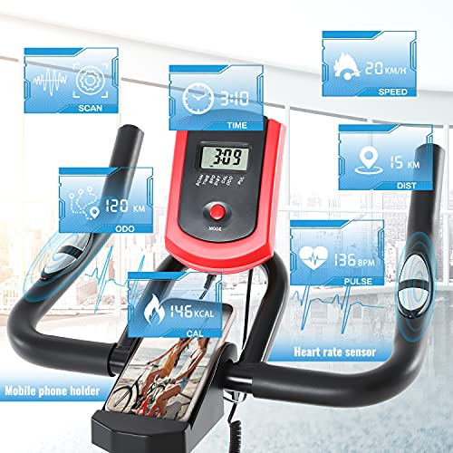 ISE Bicicleta Estática de Spinning Profesional con Sensor de Pulso,Ajustable Resistencia, Pantalla, Bicicleta Fitness de Gimnasio Ejercicio con Volante de Inercia,Sillín Ajustable, Máx.120kg,SY-7005-1