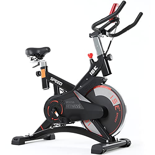 ISE Bicicleta Estática de Spinning Profesional con Sensor de Pulso,Ajustable Resistencia, Pantalla, Bicicleta Fitness de Gimnasio Ejercicio con Volante de Inercia,Sillín Ajustable, Máx.120kg,SY-7005-1