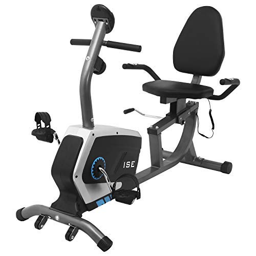 ISE Bicicleta Estática Reclinable de Spinning con Respaldo,Resistencia Magnética de 8 Niveles,Sensor de Pulso,Ideal para Ejercicios de Recuperación, Máx.120kg,SY-6801