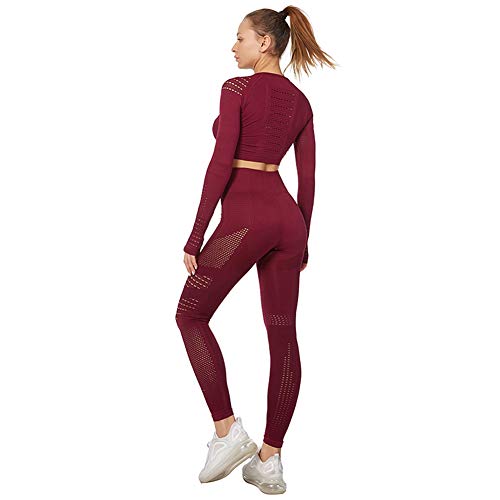 Jamron Mujer Conjunto de Ropa de Yoga Top Corto + Polainas 2 Piezas Chandal Gimnasio Fitness Ropa Deportiva Borgoña SN05405 S