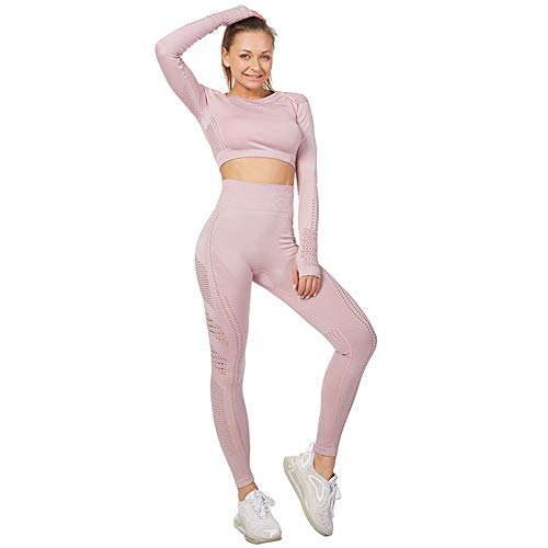 Jamron Mujer Conjunto de Ropa de Yoga Top Corto + Polainas 2 Piezas Chandal Gimnasio Fitness Ropa Deportiva Rosa de Loto SN05405 S