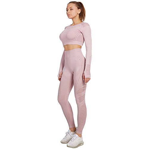 Jamron Mujer Conjunto de Ropa de Yoga Top Corto + Polainas 2 Piezas Chandal Gimnasio Fitness Ropa Deportiva Rosa de Loto SN05405 S