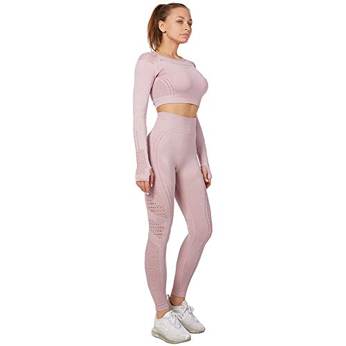 Jamron Mujer Conjunto de Ropa de Yoga Top Corto + Polainas 2 Piezas Chandal Gimnasio Fitness Ropa Deportiva Rosa de Loto SN05405 S