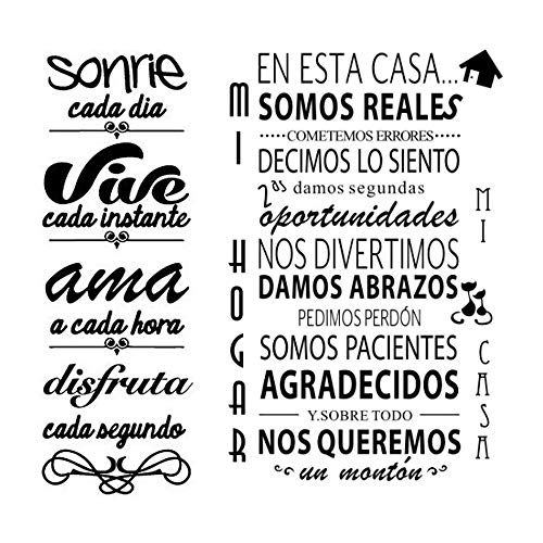 JNCH Pegatinas Decorativas Pared Frases Motivadoras Vinilos Decorativos Frases Cortas Español Adhesivos Sonrie + EN ESTA CASA para Familia Habitación Dormitorio Salón Cocina Baño