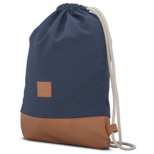 Johnny Urban Mochila de Algodón con Cordónes Azul / Marrón Bolsa de Lona con Bolsillo para Hombre & Mujer - Mochilas para Gimnasio, Deporte y Tiempo libre - con Cuero Vegano