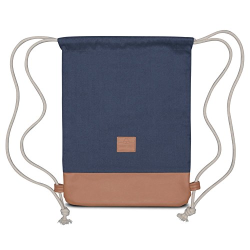 Johnny Urban Mochila de Algodón con Cordónes Azul / Marrón Bolsa de Lona con Bolsillo para Hombre & Mujer - Mochilas para Gimnasio, Deporte y Tiempo libre - con Cuero Vegano