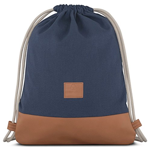 Johnny Urban Mochila de Algodón con Cordónes Azul / Marrón Bolsa de Lona con Bolsillo para Hombre & Mujer - Mochilas para Gimnasio, Deporte y Tiempo libre - con Cuero Vegano