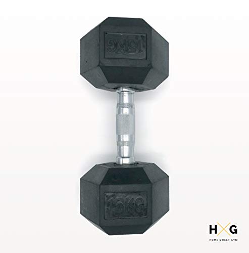 JOWY Mancuerna Hexagonal de 15kg ergonómica con empuñadura de Cromo y Revestimiento de Caucho Que Evita daños en el Suelo. Tu casa es tu Gimnasio. 1 Unidad.