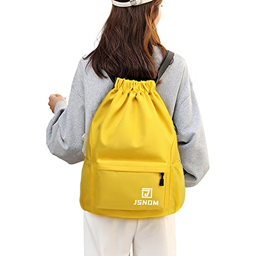 JSNOM Mochila Cuerdas Hombre Bolso Casual Mochilas de Tela Cuerda Bolsa Gimnasio con Cordón Deporte Talega Saco Playa Para Viajes Deportiva Yoga Grande Gymsack Para Unisex Mujer (Amarillo)