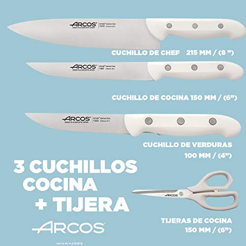 Juego Cuchillos Cocina Arcos | cuchillo arcos blanco | Arcos cuchillos | cuchillos cocina | Arcos Maitre | 4 piezas | Chef 215 mm, Cocina 150 mm, Verduras 100 mm Tijera cocina (Blanco)