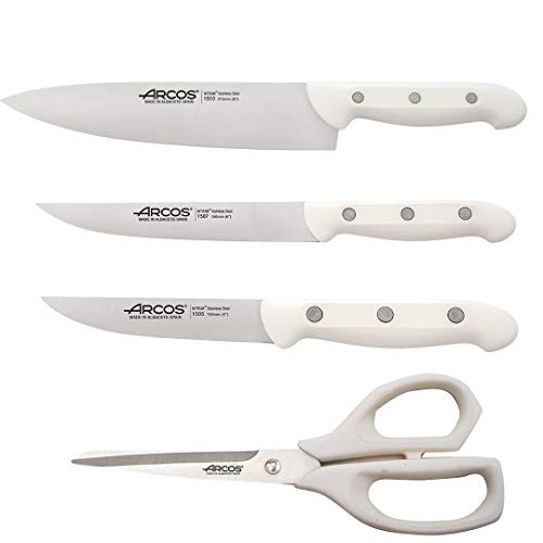 Juego Cuchillos Cocina Arcos | cuchillo arcos blanco | Arcos cuchillos | cuchillos cocina | Arcos Maitre | 4 piezas | Chef 215 mm, Cocina 150 mm, Verduras 100 mm Tijera cocina (Blanco)