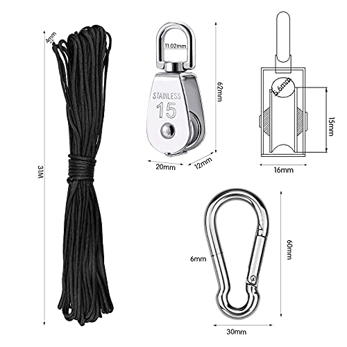 Juego de 4 Poleas, M15 Bloque de Polea de Acero Inoxidable, Polea de Gancho Simple Giratoria para Tendederos Barras de Ejercicio Ganchos de Pared - Carga 35KG