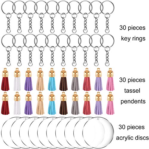 Juego de 90 llaveros acrílicos para hacer llaves, llaveros de acrílico con borlas colgantes y discos transparentes de acrílico para proyectos de bricolaje (30 juegos)