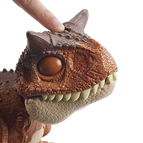 Jurassic World Bebé Carnotaurus mordedor Dinosaurio articulado con movimientos y sonidos, figura de juguete para niños (Mattel HBY85)