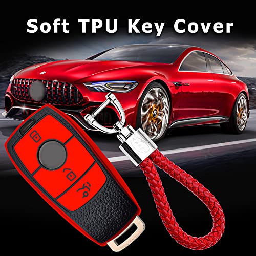 KASER Funda Carcasa Llave Coche Silicona TPU Compatible para Mercedes Classe A B C E CLA CLE GLA GLA GLE GLS Cover Llaveros Efecto Piel Protección Mando de Coche (Rojo)