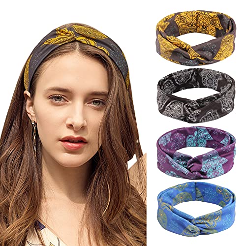 Kavya 4 piezas Diadema Mujer, Vintage Estampada Diadema Elásticas Twisted Criss Cross Cintas de Pelo Para Yoga Ejercicio Diario Fitness