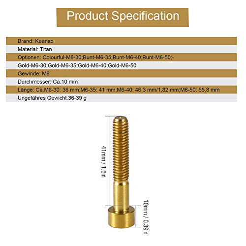 Keenso Tornillos de Bicicleta, Tornillos Rosca Universal de Titanio M6 30/35/40/50 Accesorio de Bici(M6x35-Oro)