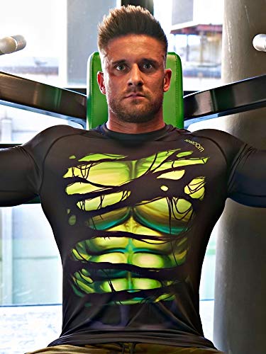 Khroom Camiseta de Compresión de Superhéroe para Hombre | Ropa Deportiva de Secado Rápido para Ejercicio, Gimnasio, Musculación, Running. Material Extensible Ventilado Anti Transpiración Hulk M