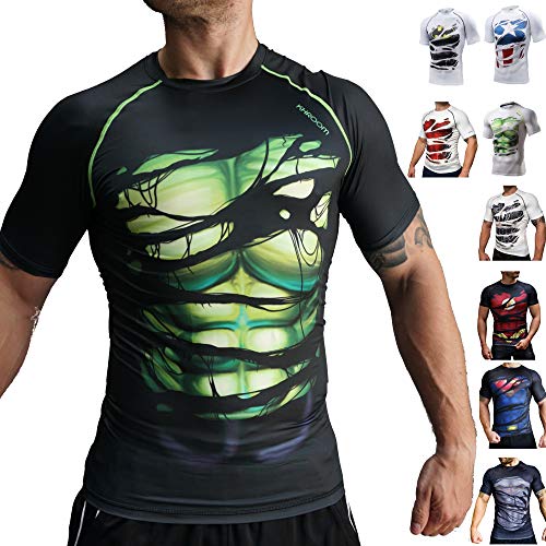 Khroom Camiseta de Compresión de Superhéroe para Hombre | Ropa Deportiva de Secado Rápido para Ejercicio, Gimnasio, Musculación, Running. Material Extensible Ventilado Anti Transpiración Hulk M