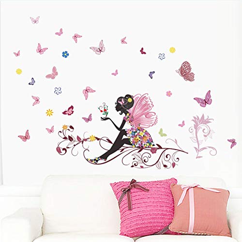 Kibi Flores Hada Mariposas Pared Adhesivos Pegatinas Decorativas Pared Mariposas Adhesivo para las Niñas Habitación de Niño Wall Stickers Salón Dormitorio