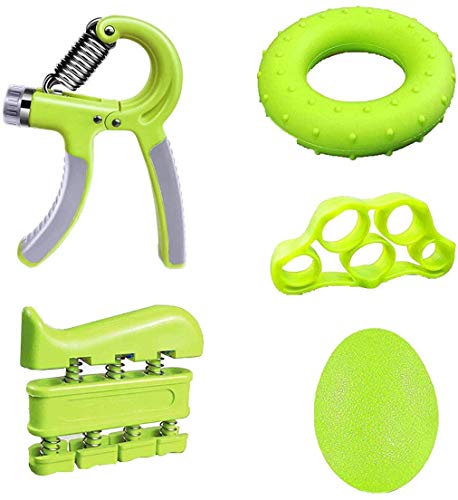 KINGCOO 5 Piezas Fortalecedor de Agarre de Mano Kit, 5-60KG Ajustables Agarrador Manual Ejercicio,Entrenador de Músculos,Ejercitador Estirador de Dedos,Anillo de Ejercicio y Bola (Verde)