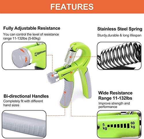 KINGCOO 5 Piezas Fortalecedor de Agarre de Mano Kit, 5-60KG Ajustables Agarrador Manual Ejercicio,Entrenador de Músculos,Ejercitador Estirador de Dedos,Anillo de Ejercicio y Bola (Verde)