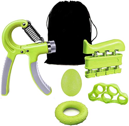 KINGCOO 5 Piezas Fortalecedor de Agarre de Mano Kit, 5-60KG Ajustables Agarrador Manual Ejercicio,Entrenador de Músculos,Ejercitador Estirador de Dedos,Anillo de Ejercicio y Bola (Verde)