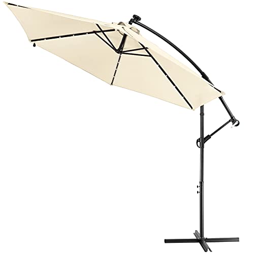 Kingsleeve Sombrilla de Ø300cm con 24 Luces LED Solar con manivela de Aluminio Crema Parasol Grande jardín