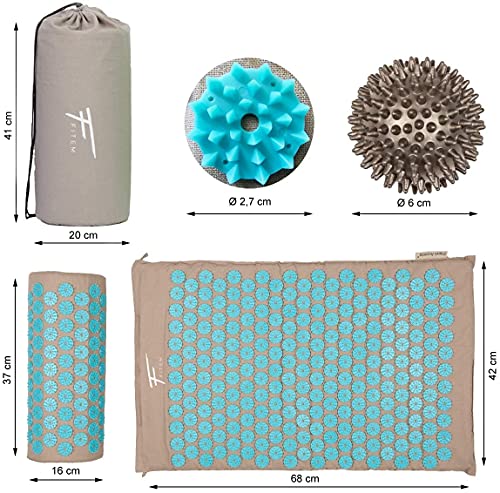 Kit de acupresión Fitem - Esterilla de acupresión + Cojín de acupresión + Bolsa + Bola de masaje - Alivia dolores de Espalda y Cuello - Ciática - Masaje de espalda - Relajación muscular