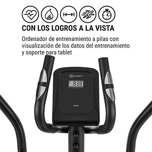 Klarfit Tauon - Eliptica, Bicicleta eliptica con Pantalla LC, Eliptica para casa con 8 Niveles, Soporte Tablet, Silencioso, Antideslizante, Pulsómetro, 58 x 153 x 100 cm, Carga máx. 100 kg, Negro