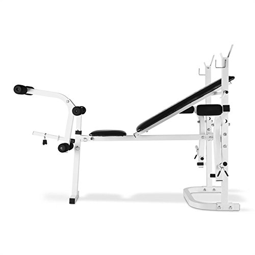 Klarfit Workout Hero Multistation - banco musculación banco abdominales banco de pesas Multipower Curl para Brazo y Pierna con Pesas hasta 160 kg Respaldo Regulable a 3 Niveles Acero, Blanco