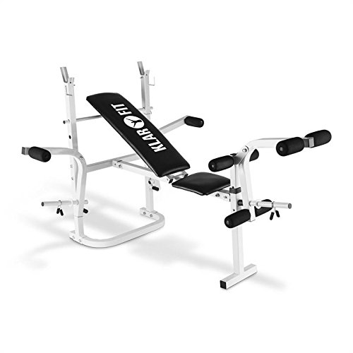 Klarfit Workout Hero Multistation - banco musculación banco abdominales banco de pesas Multipower Curl para Brazo y Pierna con Pesas hasta 160 kg Respaldo Regulable a 3 Niveles Acero, Blanco