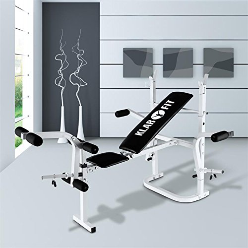 Klarfit Workout Hero Multistation - banco musculación banco abdominales banco de pesas Multipower Curl para Brazo y Pierna con Pesas hasta 160 kg Respaldo Regulable a 3 Niveles Acero, Blanco