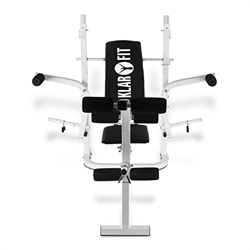 Klarfit Workout Hero Multistation - banco musculación banco abdominales banco de pesas Multipower Curl para Brazo y Pierna con Pesas hasta 160 kg Respaldo Regulable a 3 Niveles Acero, Blanco