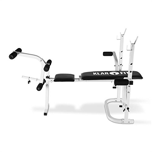 Klarfit Workout Hero Multistation - banco musculación banco abdominales banco de pesas Multipower Curl para Brazo y Pierna con Pesas hasta 160 kg Respaldo Regulable a 3 Niveles Acero, Blanco