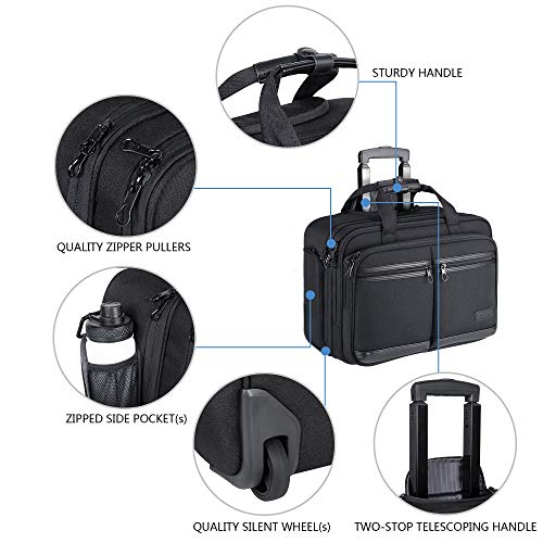 KROSER Maletín para Portátil con Ruedas Bolsa Premium Impermeable para Computadora hasta 17.3´´ Bolsa Hidrófugo con Bolsillos RFID para Negocios/Viajes/Escuela/Hombres/Mujeres-Negro