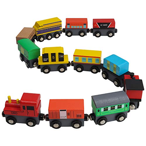 Kurtzy Tren de Madera Magnético con Caja de Almacenaje (Pack de 12) Locomotoras Educativas para Chicos y Chicas 3 + Años – Set Tren Madera Compatible con la Mayoría de Las Marcas de Vías de Tren